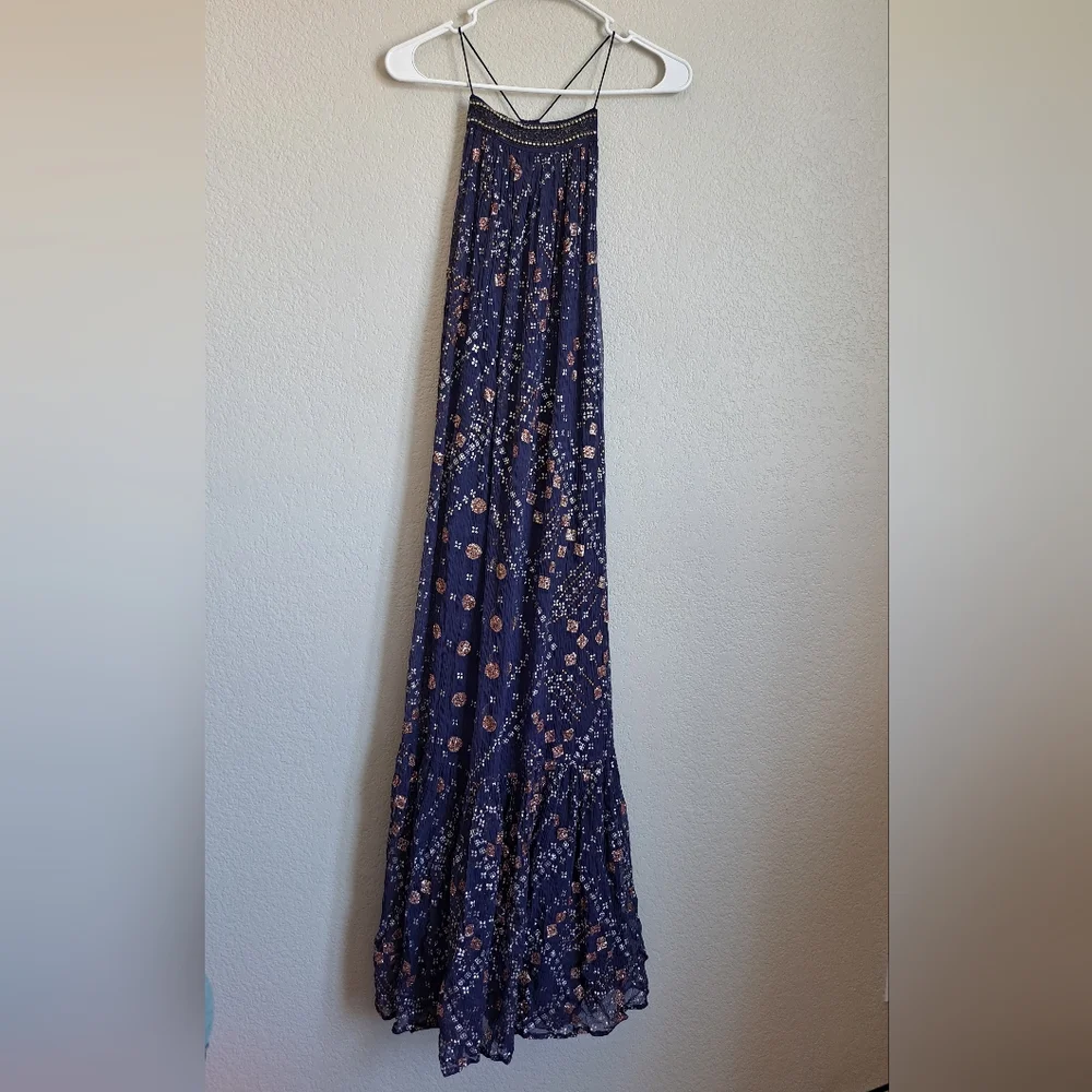 Free People Boho Strappy Beaded Glitter Open Back Maxi Dress Size XS
